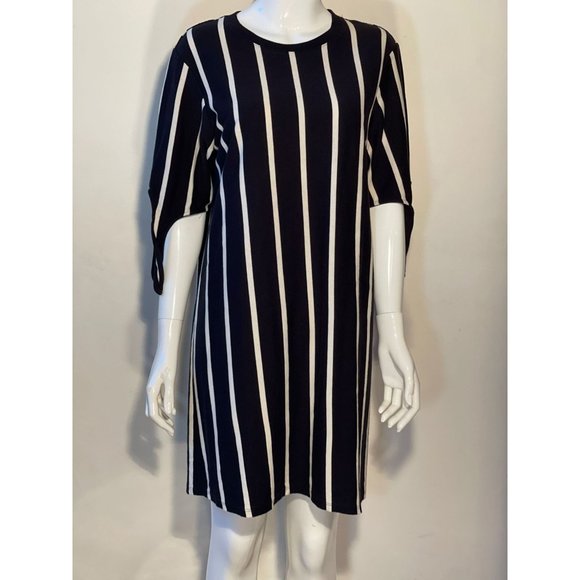 Who What Wear Women Shift Mini Dress Striped 3/4 Sleeve Crew Neck Black White M - Picture 4 of 9